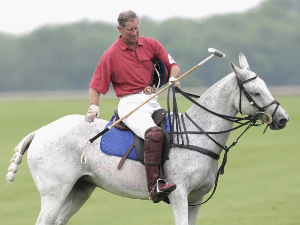 El príncipe Carlos de Gales acaricia a su caballo al final del partido de polo de la Copa Chakravarty, el 7 de junio de 2003 en los campos de polo de Beufort en Inglaterra. (Getty Images)