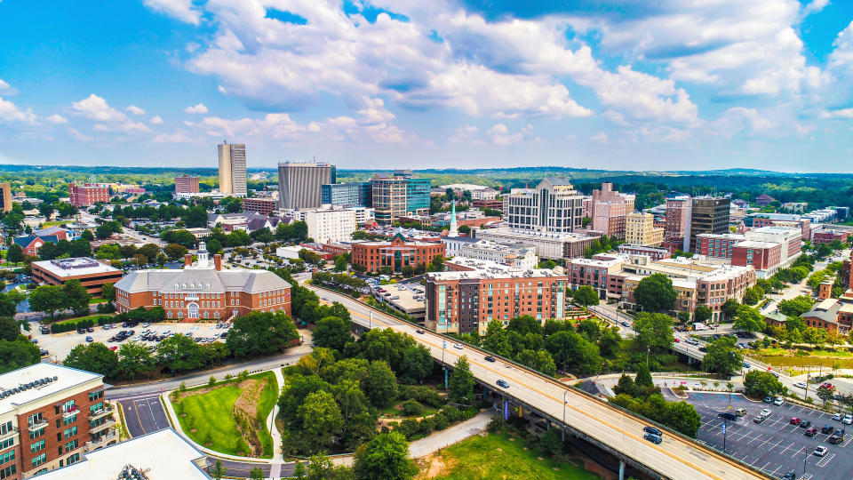 Drone aerial view of downtown Greenville, South Carolina SC skyline