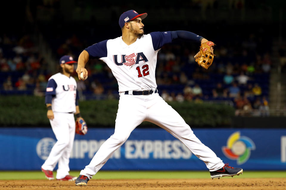 Nolan Arenado, shown here competing in the 2017 WBC, is a repeat member of Team USA.  (Photo by Alex Trautwig/WBCI/MLB via Getty Images)