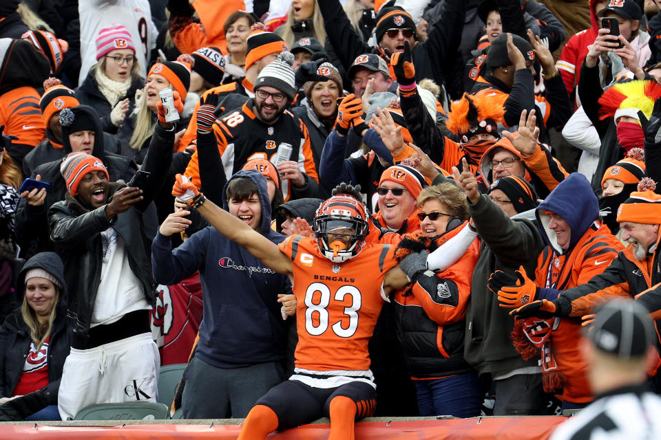 Tyler Boyd celebrates with Bengals fans.