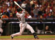 Buster Posey #28 of the San Francisco Giants hits a single in the 10th inning against the Cincinnati Reds in Game Three of the National League Division Series at the Great American Ball Park on October 9, 2012 in Cincinnati, Ohio. (Photo by Jonathan Daniel/Getty Images)