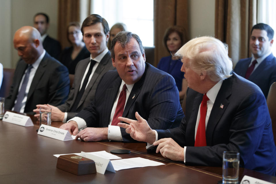 President Donald Trump speaks during an opioid and drug abuse listening session, Wednesday, March 29, 2017, in the Cabinet Room of the White House in Washington. From left are, former New York Yankees pitcher Mariano Rivera, White House senior adviser Jared Kushner, New Jersey Gov. Chris Christie and Trump. (AP Photo/Evan Vucci)
