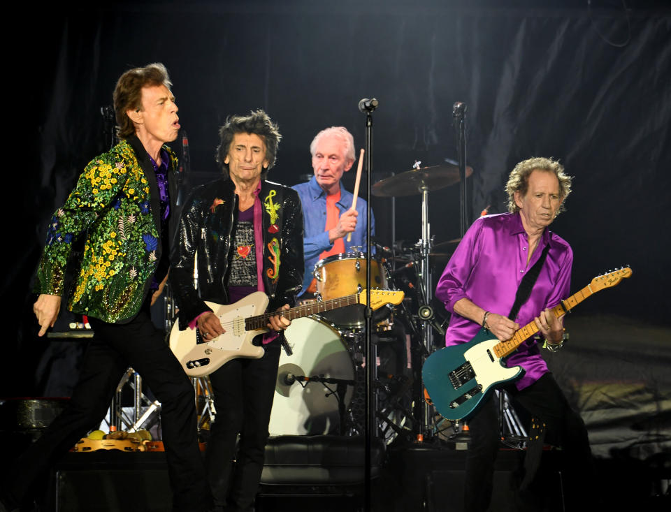 PASADENA, CALIFORNIA - AUGUST 22: (L-R) Mick Jagger, Ronnie Wood, Charlie Watts and Keith Richards of The Rolling Stones perform onstage at Rose Bowl on August 22, 2019 in Pasadena, California. (Photo by Kevin Winter/Getty Images)