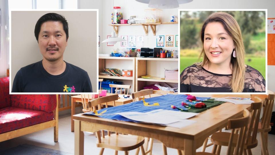 Empty preschool table with painting on it, Kheang Ly and Francesca Pinzone smile. 