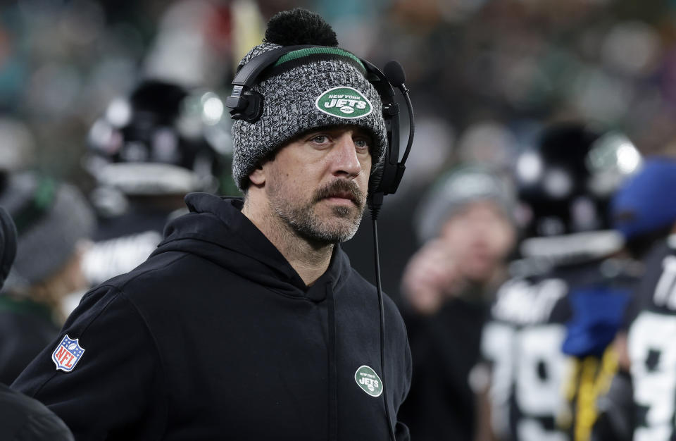 EAST RUTHERFORD, NEW JERSEY - NOVEMBER 24: (NEW YORK DAILIES OUT)  Aaron Rodgers #8 of the New York Jets looks on against the Miami Dolphins at MetLife Stadium on November 24, 2023 in East Rutherford, New Jersey. The Dolphins defeated the Jets 34-13.  (Photo by Jim McIsaac/Getty Images)