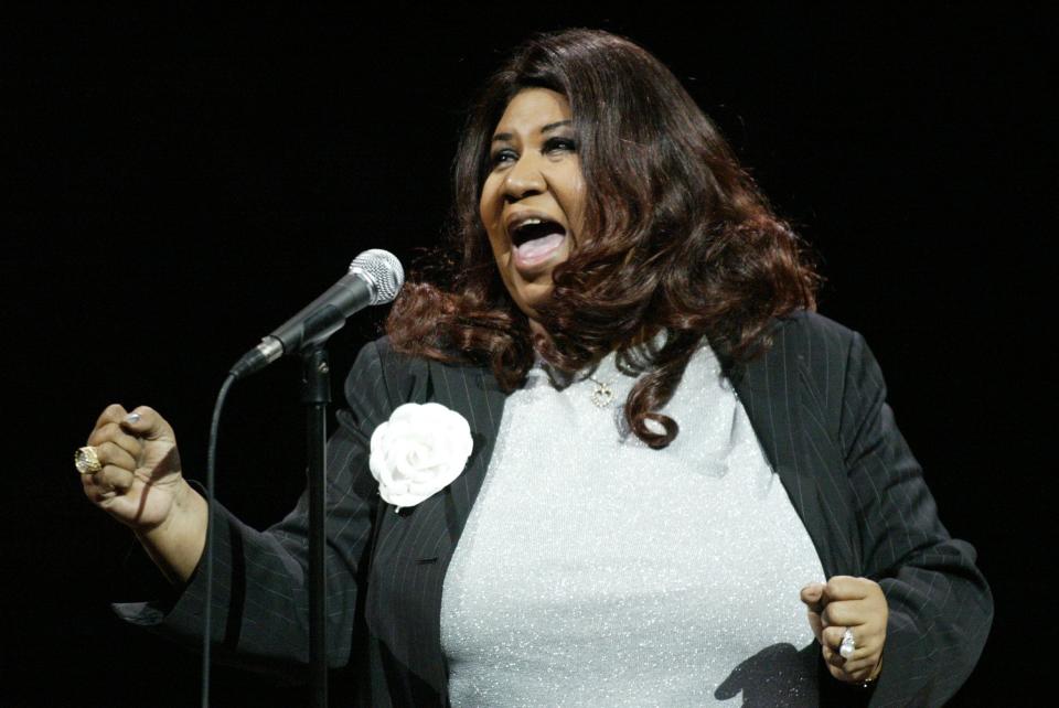 Aretha Franklin sings the national anthem prior to the start of Game 5 of the NBA Finals on June 15, 2004, at the Palace of Auburn Hills.