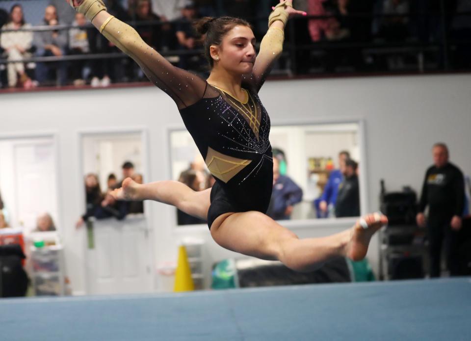 Olivia Marricco, representing Lakeland/Panas/Putnam Valley, competes in the floor exercise during the Section 1 gymnastics championships at Eclipse Gymnastics in Mahopac Feb. 8, 2024.
