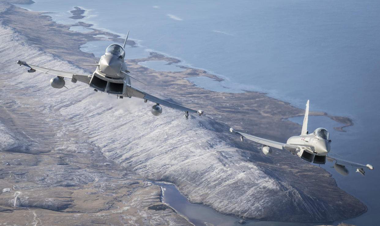 A pair of Typhoon jets flying over the Falkland Islands (MOD Crown Copyright/PA)