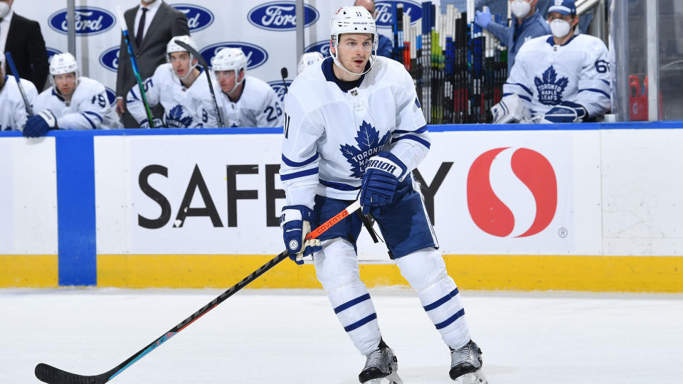 EDMONTON, AB - MARCH 1:  Zach Hyman #11 of the Toronto Maple Leafs skates during the game against the Edmonton Oilers on March 1, 2021 at Rogers Place in Edmonton, Alberta, Canada. (Photo by Andy Devlin/NHLI via Getty Images)