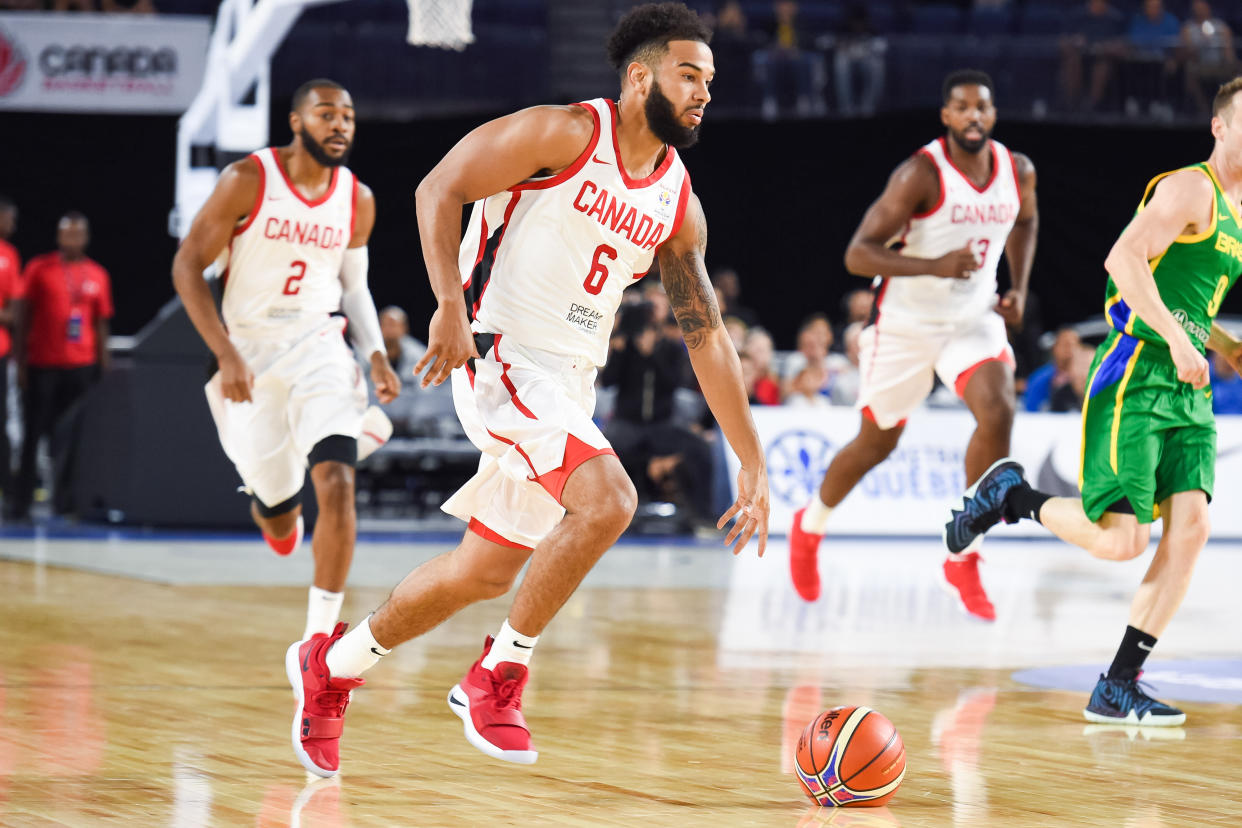 LAVAL, QC - SEPTEMBER 13: Canada point guard Corey Joseph (6) runs while dribbling the ball during the Brazil versus Canada FIBA Basketball WC Qualifier game on September 13, 2018, at Bell Place in Laval, QC (Photo by David Kirouac/Icon Sportswire via Getty Images)