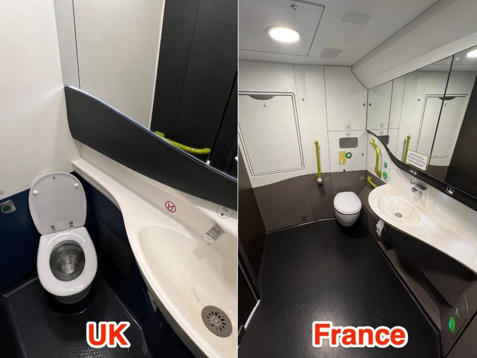 The standard class bathroom (L) and the standard premier class bathroom (R).