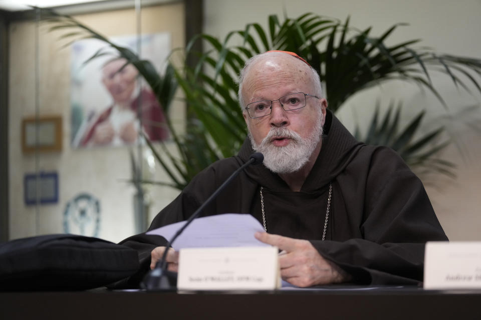Boston Cardinal Seán Patrick O'Malley, head of the Pontifical Commission for the Protection of Minors, speaks at a press conference at The Vatican, Friday, April 29, 2022, after meeting with Pope Francis. Pope Francis called Friday for Catholic bishops conferences to create special centers to welcome victims of clergy sexual abuse to help them find healing and justice, as he warned that the faithful would continue losing trust in the hierarchy without more transparency and accountability. (AP Photo/Andrew Medichini)