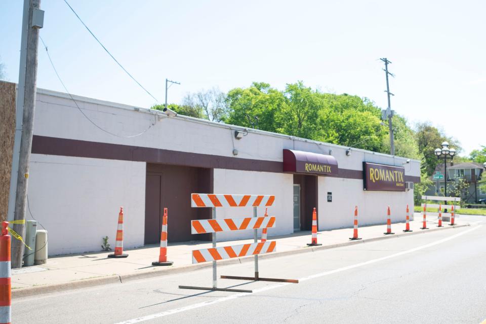 Collision damage to Romantix adult store on Michigan Avenue in Battle Creek on Monday, May 13, 2024.