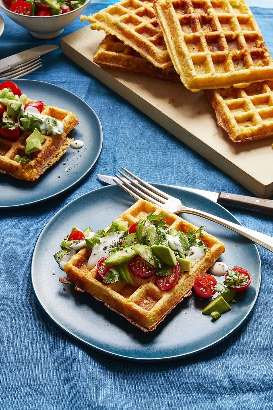 Savory Corn Waffles With Tomato Herb Salad