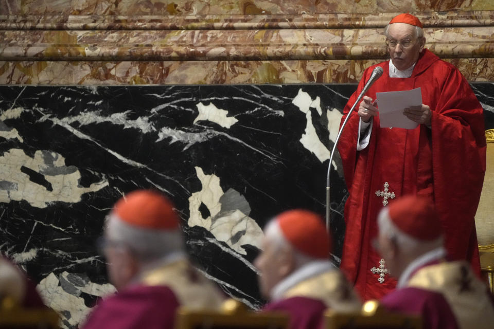 Cardinal Giovanni Battista Re, Dean of College of Cardinals, delivers his speech during the funeral ceremony for Australian Cardinal George Pell in St. Peter's Basilica, at the Vatican, Saturday Jan. 14, 2023. Cardinal Pell died on Tuesday at a Rome hospital of heart complications following hip surgery. He was 81. (AP Photo/Gregorio Borgia)