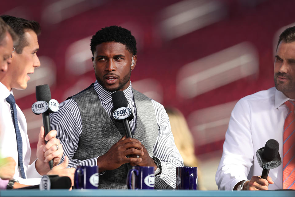 LOS ANGELES, CALIFORNIA – SEPTEMBER 20: Former USC running back Reggie Bush attends the USC game against Utah as a guest on the pregame show on Fox Sports at Los Angeles Memorial Coliseum on September 20, 2019 in Los Angeles, California. (Photo by Meg Oliphant/Getty Images)