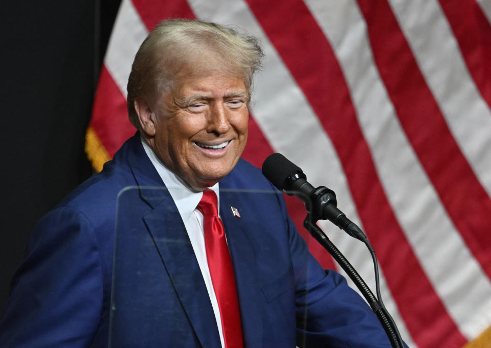 Former US President and Republican presidential candidate Donald Trump speaks during a campaign rally at Harrah's Cherokee Center in Asheville, North Carolina, August 14, 2024. (Photo by Peter Zay / AFP) (Photo by PETER ZAY/AFP via Getty Images)