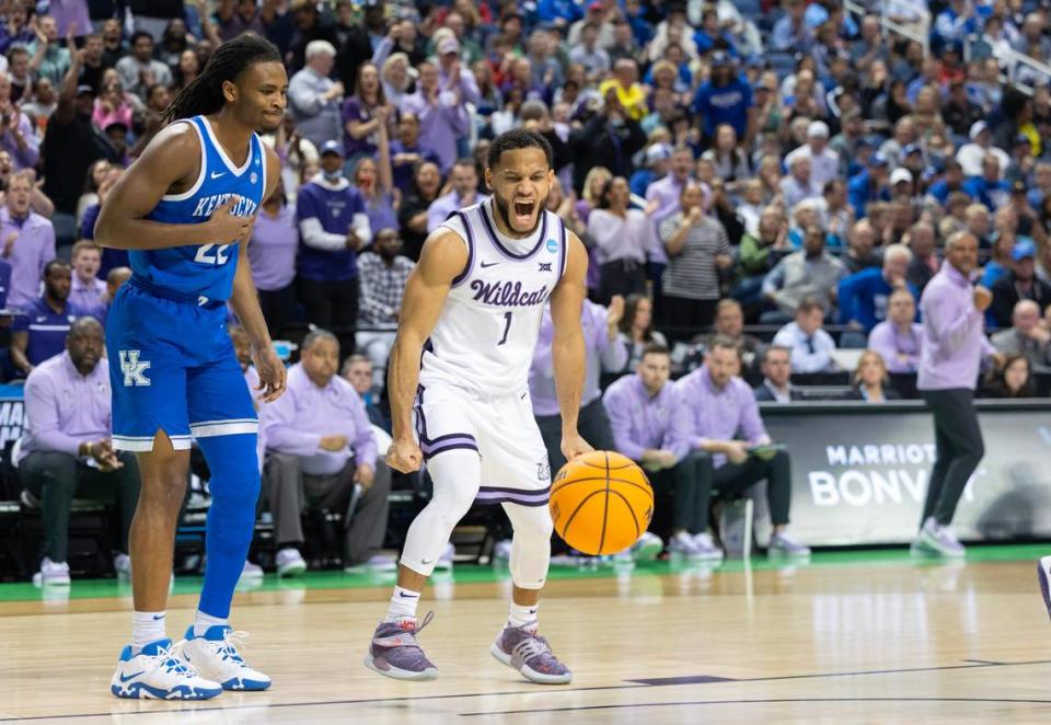 Kansas State’s Markquis Nowell lets out a yell after a Kentucky foul during the second half of their second round NCAA Tournament game in Greensboro, NC on Sunday.