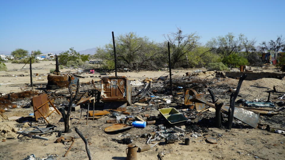 The remains of Handle, a Slab City bar that went up in flames last summer. (Credit: Jonah Gercke)