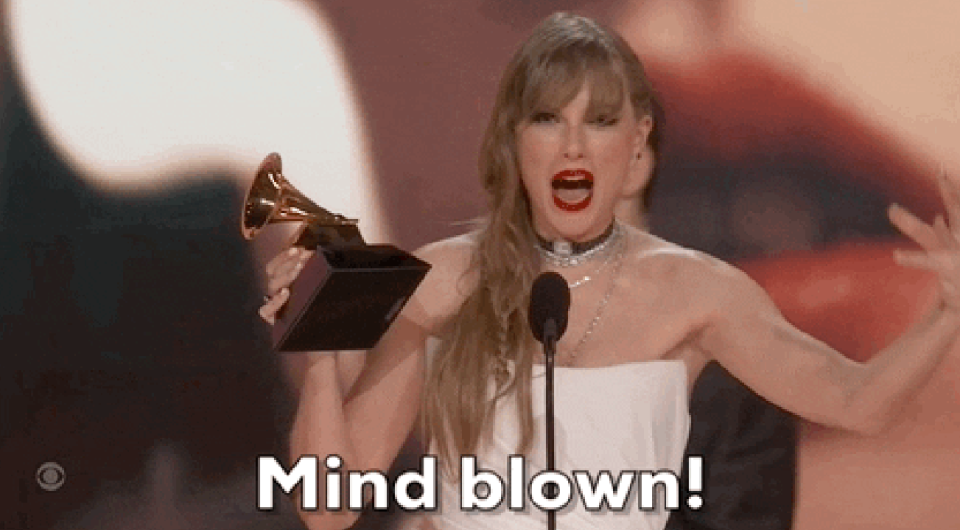 Taylor Swift holding an award ecstatically with the caption "Mind blown!"