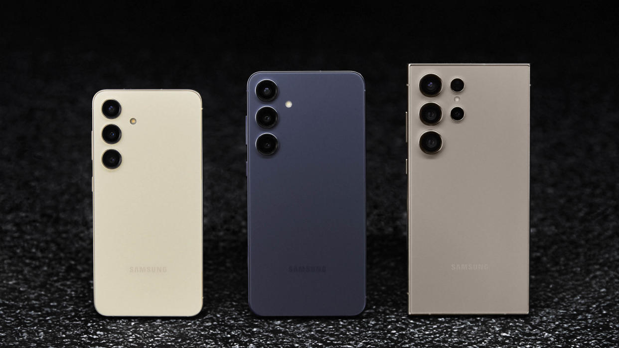  From left to right: Samsung Galaxy S24, S24+, and S24 Ultra. 