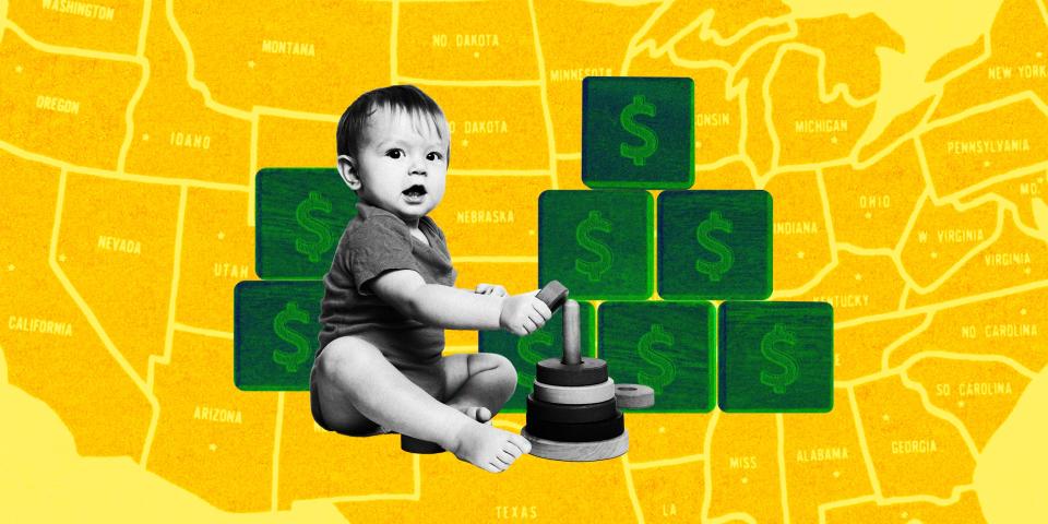 toddler playing in front of green blocks with dollar signs against a yellow background with a map of US states