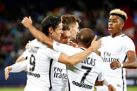 Football Soccer - Caen v Paris Saint Germain - French Ligue 1 - Michel d'Ornano stadium in Caen, France - 16/09/16. Paris' Edinson Cavani (L) celebrates his goal. REUTERS/Charles Platiau