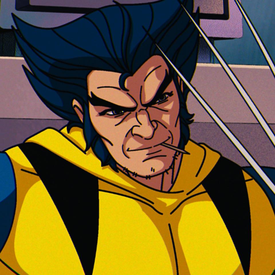 Animated character Wolverine in a yellow and blue outfit with claws extended