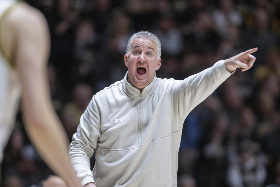 FILE - Purdue coach Matt Painter gestures during the first half of the team's NCAA college basketball game against Michigan State, Saturday, March 2, 2024, in West Lafayette, Ind. Painter is the AP All-Big Ten coach of the year in voting released Tuesday, March 12, 2024. (AP Photo/Doug McSchooler, File)