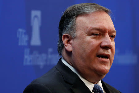 U.S. Secretary of State Mike Pompeo delivers remarks on the Trump administration's Iran policy at the Heritage Foundation in Washington, U.S. May 21, 2018. REUTERS/Jonathan Ernst