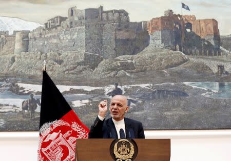 Afghan President Ashraf Ghani speaks during a news conference in Kabul, Afghanistan July 15, 2018. REUTERS/Mohammad Ismail/Files