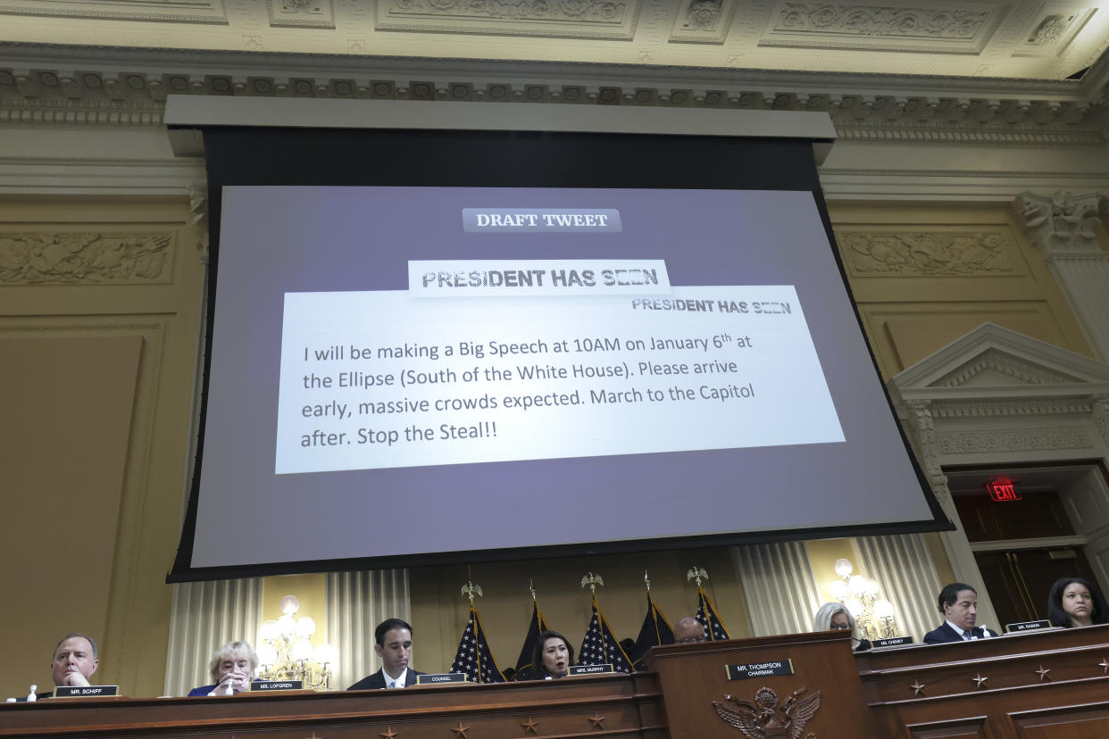 A draft tweet from then-President Donald Trump reads: I will be making a Big Speech at 10AM on January 6th at the Ellipse (South of the White House). Please arrive early, massive crowds expected. March to the Capitol after. Stop the Steal!!