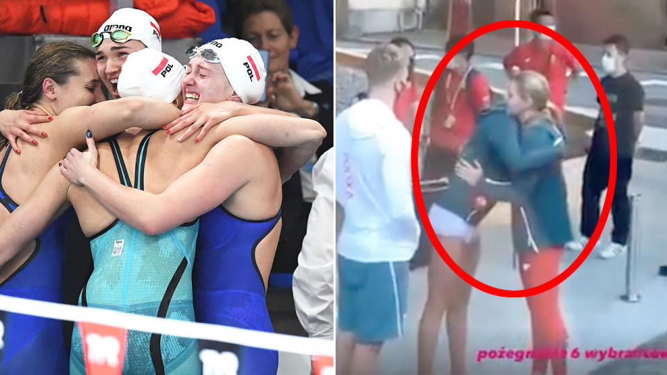 Seen right, a Polish swimmer says goodbye to a teammate after being forced to return home from Tokyo.