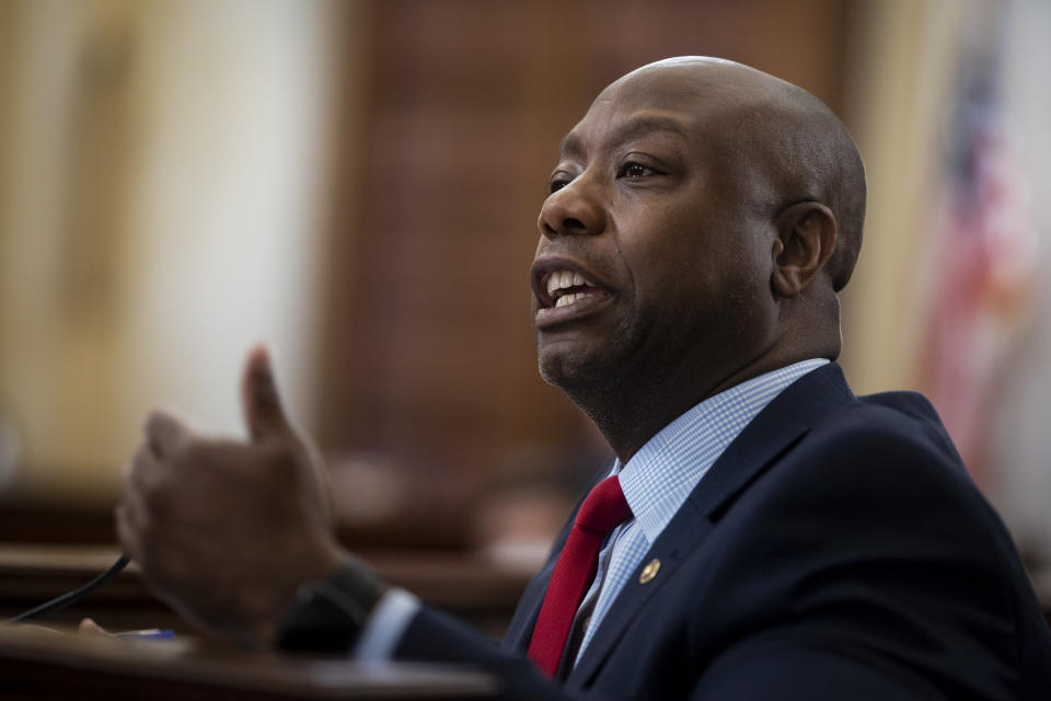 Sen. Tim Scott, R-S.C., speaks during a Senate Small Business and Entrepreneurship hearing to examine implementation of Title I of the CARES Act, Wednesday, June 10, 2020 on Capitol Hill in Washington. (Al Drago/Pool via AP)