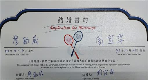 大牙和羽球教練男友結婚，結婚證書附上羽球定情圖。（圖／傳軒媒體提供）