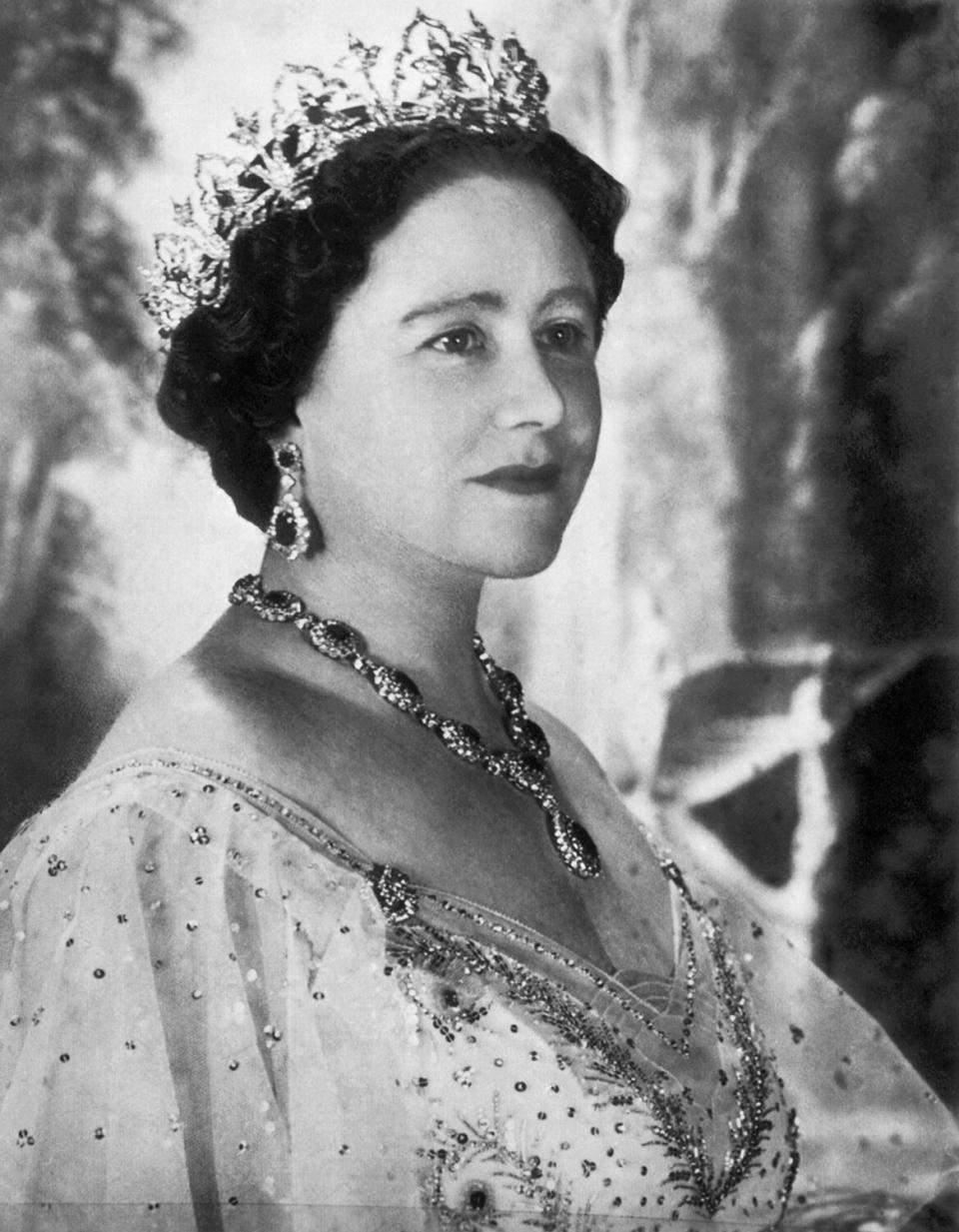 A portrait of Elizabeth Bowes-Lyon, Queen Elizabeth the Queen Mother on her 50th birthday, London, England, 1950.