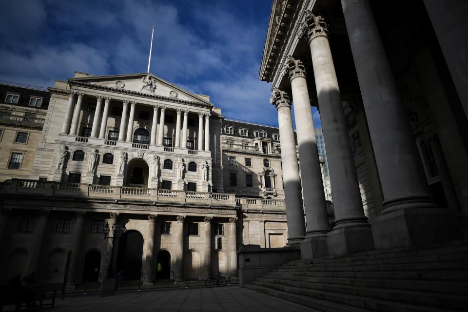 A view of the facade of the Bank of England in central London on November 5, 2020. - The Bank of England on November 5, 2020 unveiled an extra £150 billion in cash stimulus and forecast a deeper coronavirus-induced recession for the UK as England begins a second lockdown. (Photo by Ben STANSALL / AFP) (Photo by BEN STANSALL/AFP via Getty Images)