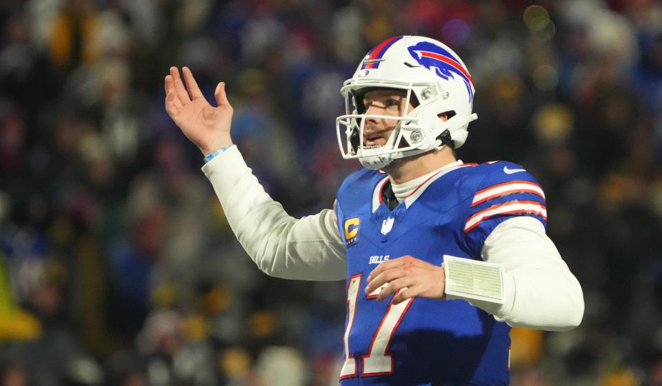 Jan 15, 2024; Orchard Park, New York, USA; Buffalo Bills quarterback Josh Allen (17) reacts to play in the second half against the Pittsburgh Steelers in a 2024 AFC wild card game at Highmark Stadium. Mandatory Credit: Kirby Lee-USA TODAY Sports