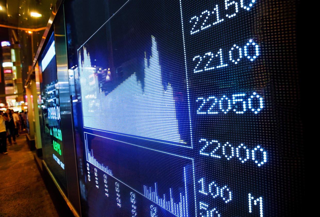 "display stock market charts in a streetHongkong, China"