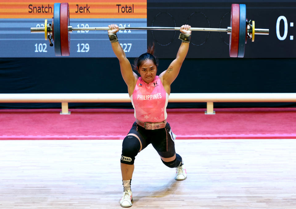 The Philippines' lone Olympic gold medallist Hidilyn Diaz in action during the women's 55kg weightlifting event at the Hanoi SEA Games