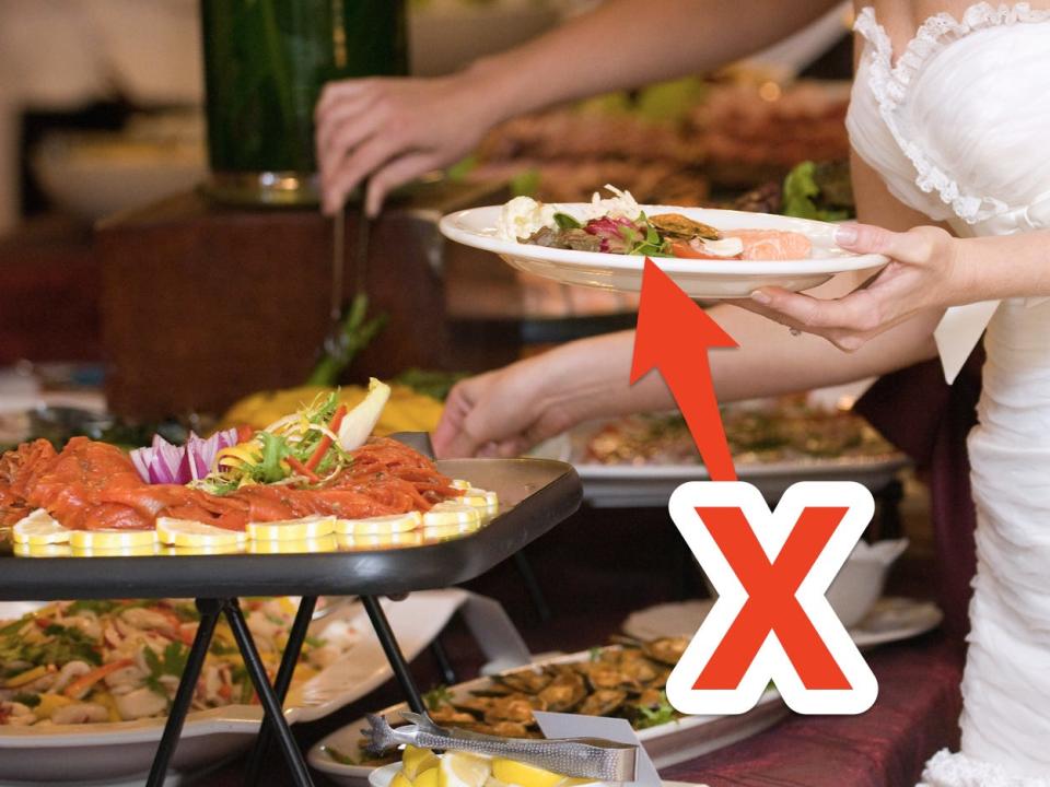 A bride filling her plate with food at a buffet-style dinner and a red X and arrow pointing to plate