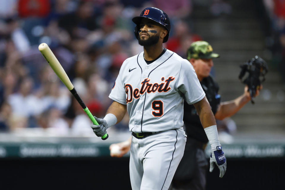 Detroit Tigers' Willi Castro reacts after striking out against Cleveland Guardians starting pitcher Aaron Civale during the sixth inning of a baseball game, Friday, May 20, 2022, in Cleveland. (AP Photo/Ron Schwane)