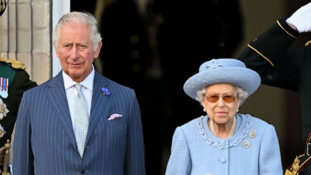 PHOTO: Prince Charles, Prince of Wales and Queen Elizabeth II attend the Royal Company of Archers Reddendo Parade in the gardens of the Palace of Holyroodhouse, Edinburgh U.K., June 30, 2022. (Tim Rooke/Shutterstock)