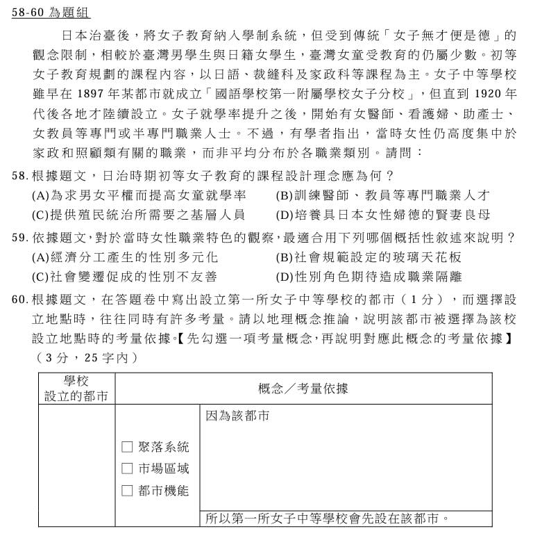 113 學測社會第 60 題要考生分析學校設址原因，熟悉相關地理知識才有辦法答對，鑑別度高。取自大考中心官網