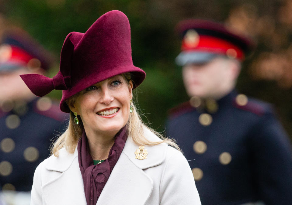 TWICKENHAM, ENGLAND - DECEMBER 10:  Sophie, Countess of Wessex  visits the Corps of Army Music for a renaming ceremony and short parade at Kneller Hall on December 10, 2020 in Twickenham, England. The Countess of Wessex is Colonel in Chief of the regiment.  (Photo by Pool/Samir Hussein/Getty Images)