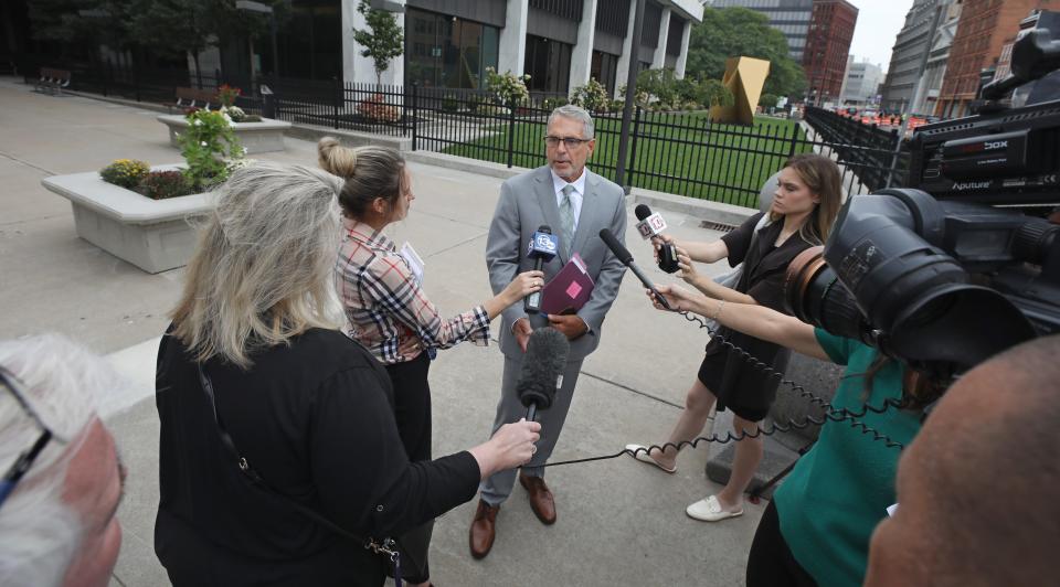 Assistant U.S. Attorney Richard Resnick talks about the plea hearing with former Irondequoit Police Chief Alan Laird afterwards outside Federal Court Tuesday, Sept. 12, 2023 in Rochester.