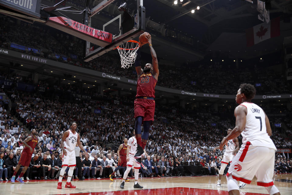 LeBron James scored 43 points in a Game 2 win over the Raptors. (Photo by Mark Blinch/NBAE via Getty Images)