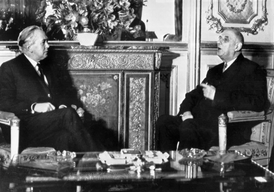 FILE - In this Jan. 24, 1967 file photo, British Prime Minister Harold Wilson, left, meets with French President Charles de Gaulle at the Elysee Palace in Paris. Later that year, de Gaulle would veto Britain's efforts to join the-then European Economic Community. It was only after de Gaulle's death that Britain eventually joined the EEC in 1973. Britain is scheduled to leave what became known as the European Union on Jan. 31, 2020. (AP Photo, File)