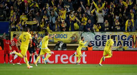 Football Soccer - Villarreal v Liverpool - UEFA Europa League Semi Final First Leg - El Madrigal Stadium, Villarreal, Spain - 28/4/16 Villarreal's Adrian celebrates scoring their first goal Reuters / Albert Gea Livepic