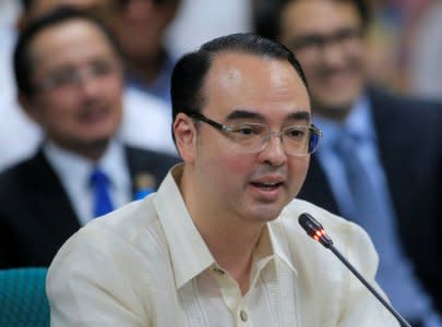 Philippines' newly appointed Foreign Minister and outgoing senator Alan Peter Cayetano delivers a statement during a confirmation hearing of the Commission on Appointments at the Senate headquarters in Pasay city, metro Manila, Philippines May 17, 2017. REUTERS/Romeo Ranoco